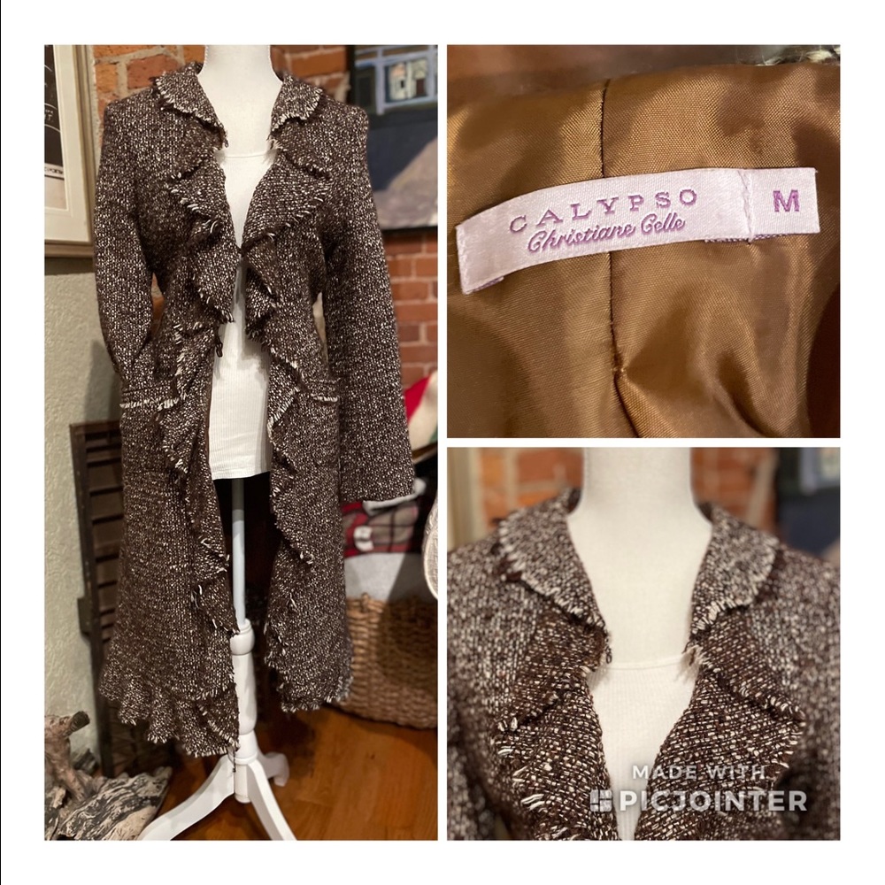 CALYPSO by Christine Celle Ruffled Woven Overcoat